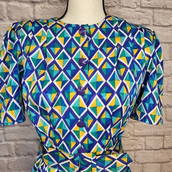 Papell Dress Blue Green Yellow Geometric Print Vintage 80s Buttoned Sz 6 Petite - Picture 4 of 9